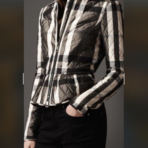 Classic Burberry Quilted Plaid Black and White Peplum Jacket, USA Size 8 - Picture 2 of 10